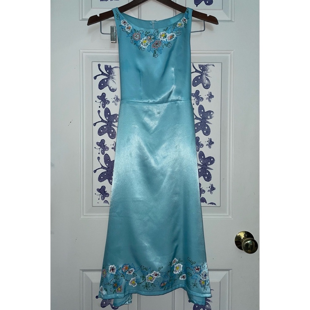 Light Blue Silk Dress with Floral Patterns